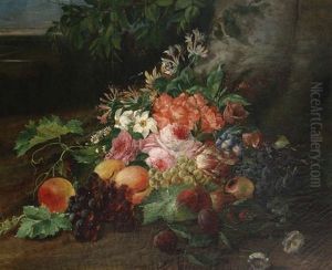 Nature Morte Aux Fleurs Et Fruits Devant Un Paysage by Victor Leclaire