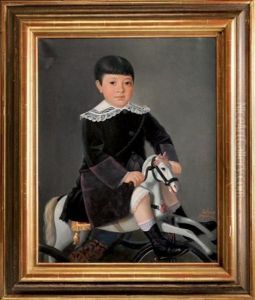 Jeune Garcon Sur Un Cheval De Bois