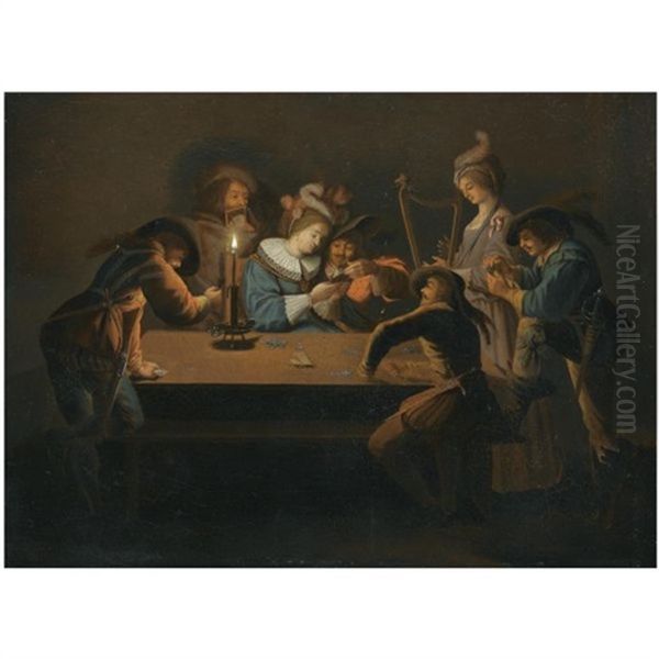 A Candlelit Interior With Elegantly Dressed Figures Playing Cards - view 1