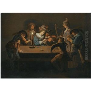 A Candlelit Interior With Elegantly Dressed Figures Playing Cards A Candlelit Interior With Elegantly Dressed Figures Playing Cards