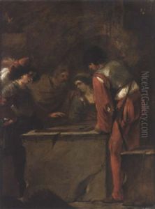 Two Young Men Playing Tric-trac On A Stone Ledge, A Lady And A Bearded Man Looking On Two Young Men Playing Tric-trac On A Stone Ledge, A Lady And A Bearded Man Looking On