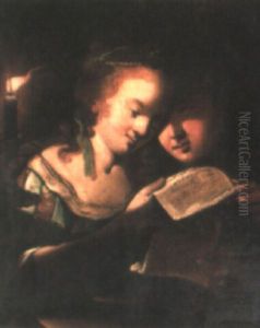 A Young Boy And Girl Reading A Letter By Candlelight A Young Boy And Girl Reading A Letter By Candlelight