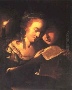 Young Boy And Girl Reading A Letter By Candlelight Young Boy And Girl Reading A Letter By Candlelight