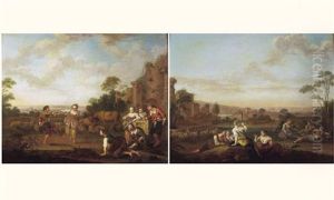 Pas De Danse Devant Des Ruines Antiques Dans Un Paysage (+ Repos Des Bergers Devant Un Paysage Panoramique; Pair) by Sebastien Leclerc