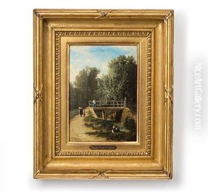 Idyllische Flussszene Mit Fischern, Einer Wascherin Und Ihrer Tochter by Charles Joseph Lecointe
