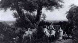 Peasants And Herd In A Landscape by Hippolyte Lecompte