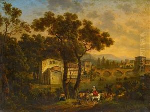 Ideale Landschaft Mit Reisenden Vor Den Toren Einer Norditalienischen Stadt