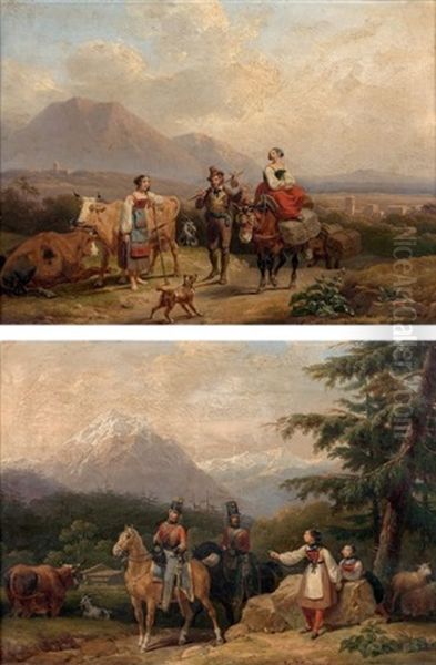 Cavaliers Demandant Leur Chemin Dans Un Paysage De Montagne Voyageurs Et Une Bergere Dans Un Paysage (pair) - view 1