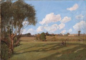 Sonnenbeschienene Wiesenlandschaft Mit Dorf Im Hintergrund