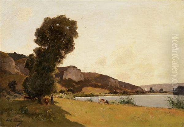 Sommerliche Flusslandschaft Mit Viehhirtin - view 1