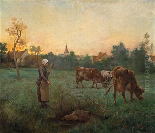 A French Pastoral Scene At Dusk With A Peasant Girl And Cows In The Foreground - view 1