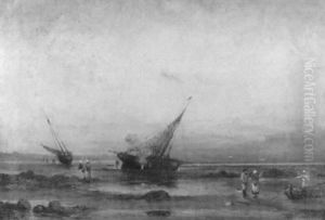 Strandlandschaft Mit Fischern Und Booten Bei Dammerung