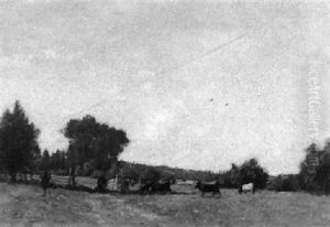Wiesenlandschaft Mit Bauern Bei Weidenden Kuhen by Paul Lecomte