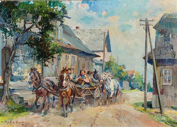 Dorfstrase Mit Pferdefuhrwerk An Einem Sommertag - view 1