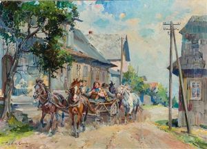 Dorfstrase Mit Pferdefuhrwerk An Einem Sommertag by Paul Emile Lecomte