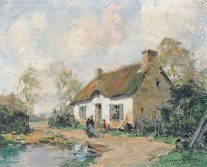 Bauernhaus Mit Figurenstaffage Unter Sonnigem Himmel