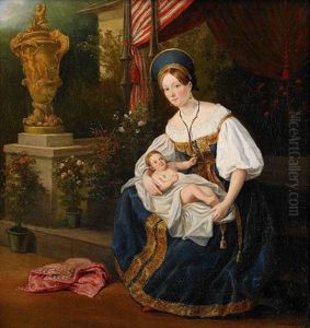 Kvinna Med Barn Kladd I Folkdrakt by Emile Charles Hippolyte Lecomte-Vernet