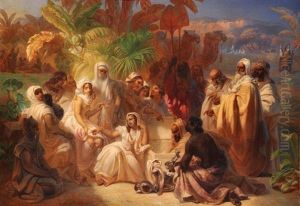 Assemblee De Femmes Orientales Dans Une Palmeraie Autour D'un Coffre D'argenterie by Jacques-Joseph Lecurieux