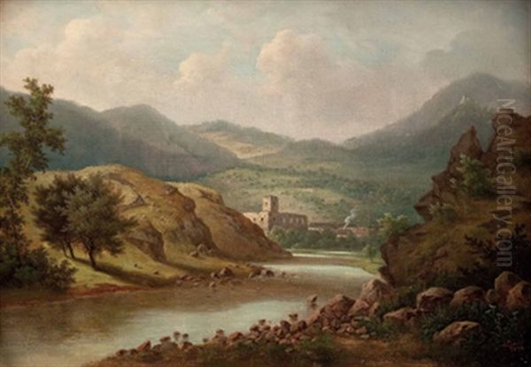 Flusslandschaft Mit Ruine Und Hausern - view 1