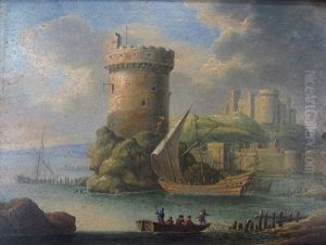 Castle On Bay With Ships And Figures by Pierre Francois Ledoulx
