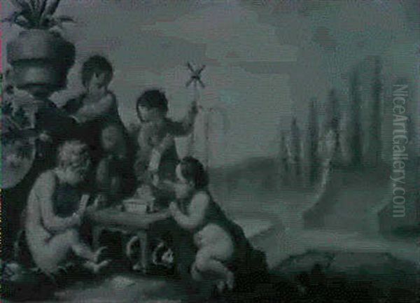 Putti Building A House Of Cards In A Park Landscape - view 1