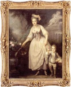 Portrait Of A Lady (duchesse De Choiseul?) In A White Dress And Hat, Watering Roses, And A Boy In A White Shirt Holding A Basket Of Roses by Jeanne-Philiberte Ledoux