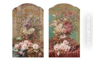 Nature Morte Avec Bouquet De Printemps Et Roses Sur Une Table Devant Un Vitrail Art Nouveau (pair)