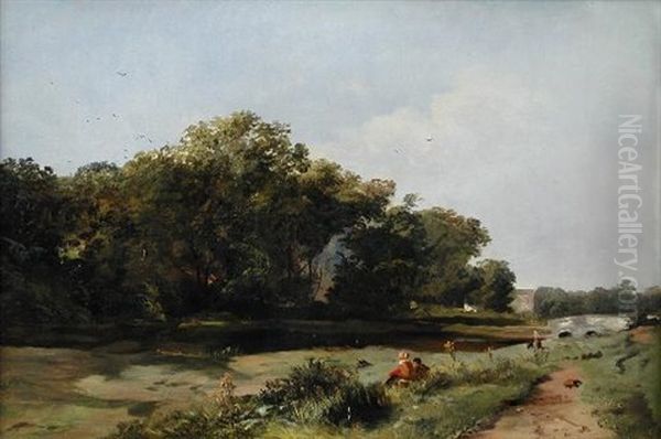 Walkers Resting By A River Bank, A Packhorse Bridge Beyond - view 1