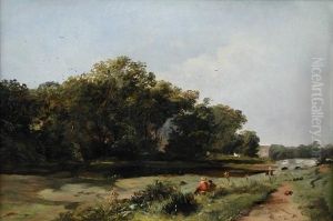 Walkers Resting By A River Bank, A Packhorse Bridge Beyond Walkers Resting By A River Bank, A Packhorse Bridge Beyond
