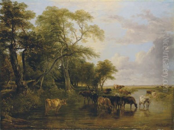 A Woody River Scene, With Cows Watering (collab. W/thomas Sidney Cooper) - view 1