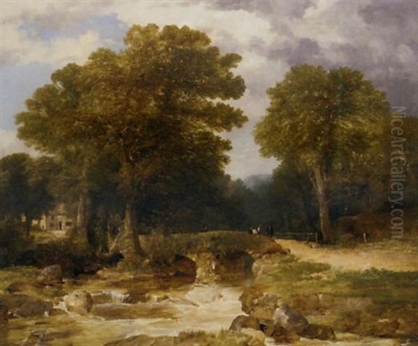 A Wooded River Landscape With Figures On A Bridge And A Building Beyond - view 1