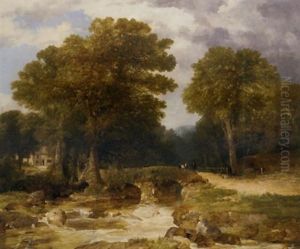 A Wooded River Landscape With Figures On A Bridge And A Building Beyond by Frederick Richard Lee, R.A.