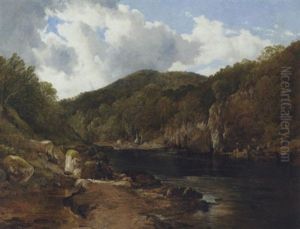 A Scottish Wooded River Landscape With Anglers On The Rocks by Frederick Richard Lee, R.A.