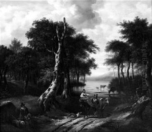 Baumbestandene Fluslandschaft. Im Vordergrund Hitrten Mit Ihren Tieren