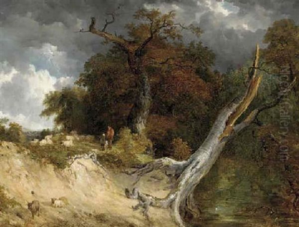 A Shepherd With His Flock On A River Bank - view 1