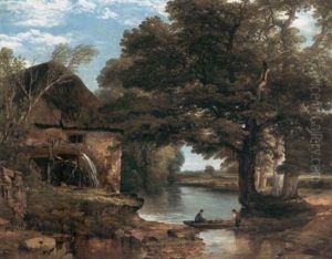 My Cottage Near The Brook: A Wooded River Landscape With An Overshot Mill And Fishermen by Frederick Richard Lee, R.A.