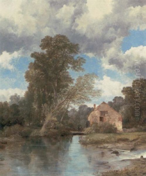A Wooded River Landscape With Figures On A Bridge By A Watermill - view 1