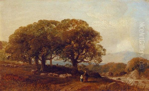 Figures By A Flock Of Sheep On A Riverside Track - view 1