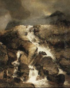 Waterfall In Rocky Landscape With Fishermen by Frederick Richard Lee, R.A.