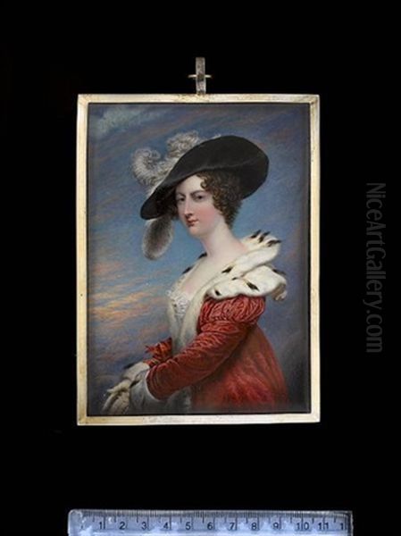 Lady Georgiana Agar Ellis, Later Baroness Dover, Wearing Red Velvet Pelisse Lined With Ermine Over White Lace Gown - view 1