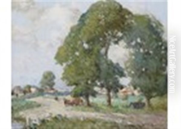 A Summer Rural Scene With Harvesters Near A Village - view 1