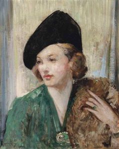Portrait Of A Woman In A Green Dress With A Fur Stole And Black Hat