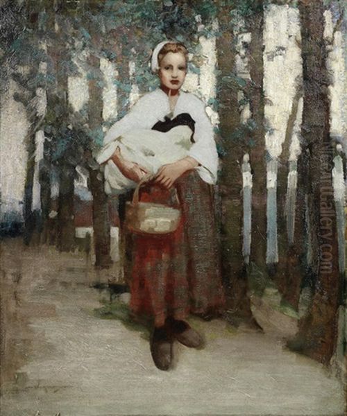 A Girl With A Basket On A Woodland Path - view 1