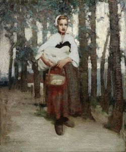 A Girl With A Basket On A Woodland Path by William Lee-Hankey