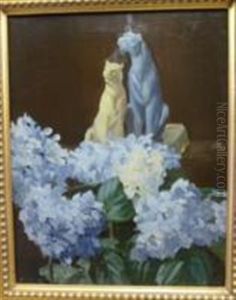 Still Life Of Delphiniums And Pottery Cats Still Life Of Delphiniums And Pottery Cats