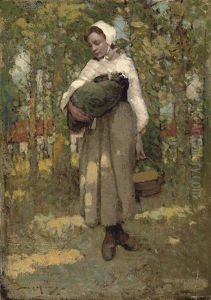 A Country Girl With Farm Buildings Beyond by William Lee-Hankey