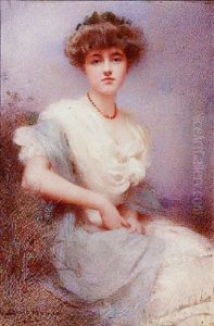 Portrait Of A Young Lady, Seated On A Grassy Knoll, Wearing Voluminous White Dress by William Lee-Hankey