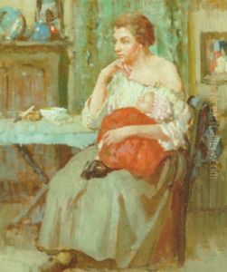 Mor Siddende Ved Et Bord Med Sit Barn Pa Skodet by William Lee-Hankey