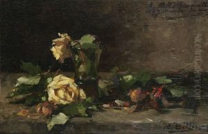 Stilleven Met Gele Rozen In En Naast Een Glas.