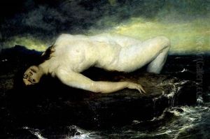 Frauenakt Auf Einem Felsen Im Meer Liegend, Von Tosendem Wasser Umgehen by Ferdinand Leeke